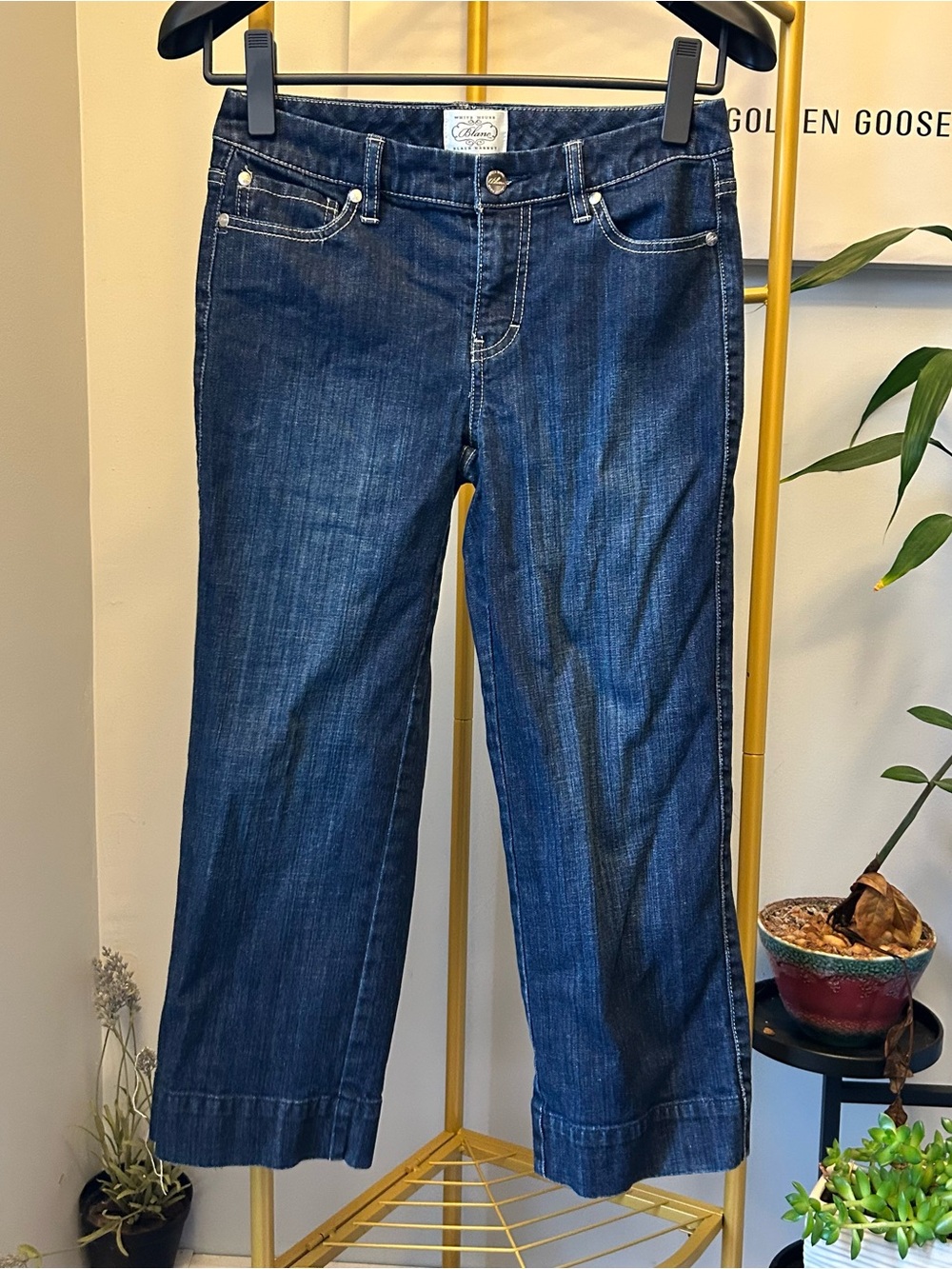 White House Black Market Dark Blue Cropped Straight Jeans embroidery pockets 2